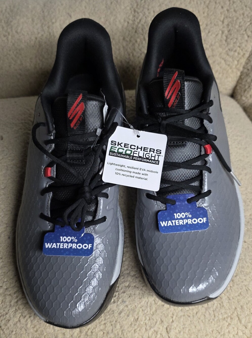 Skechers Grey and Black Waterproof Athletic Golf Shoes with Red Logo